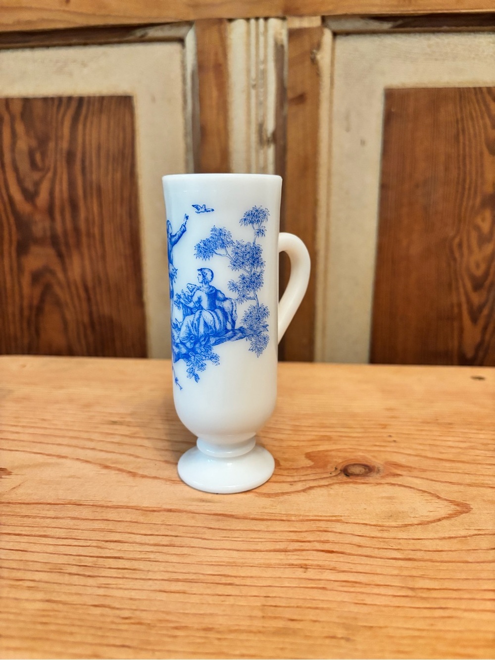 Avon Blue and White Milk Glass Pedestal Mug with Scenic Transfer